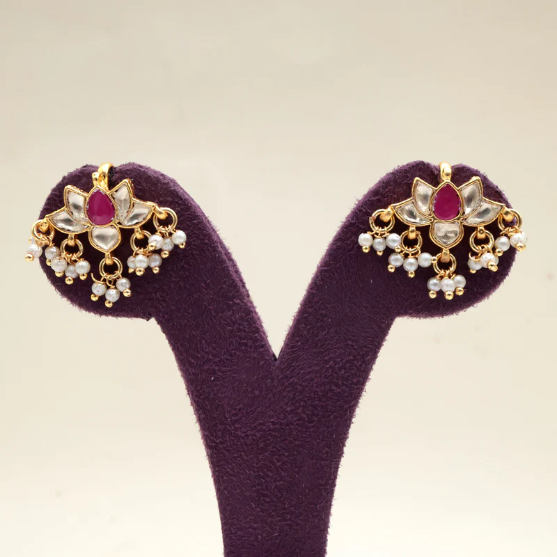 Premium Pachi Kundan Tamara Koppu Earrings - White & Ruby